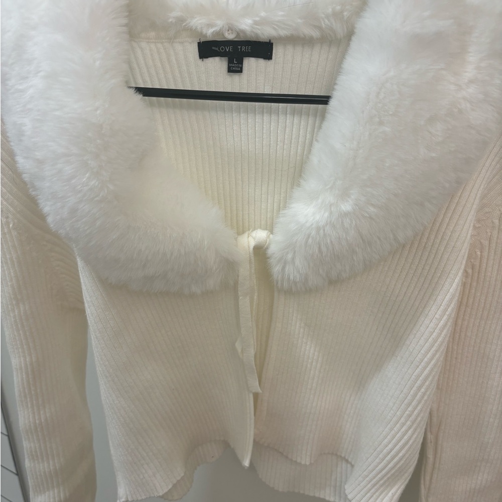 Love Tree Cream Ribbed Cardigan with Faux-Fur Collar